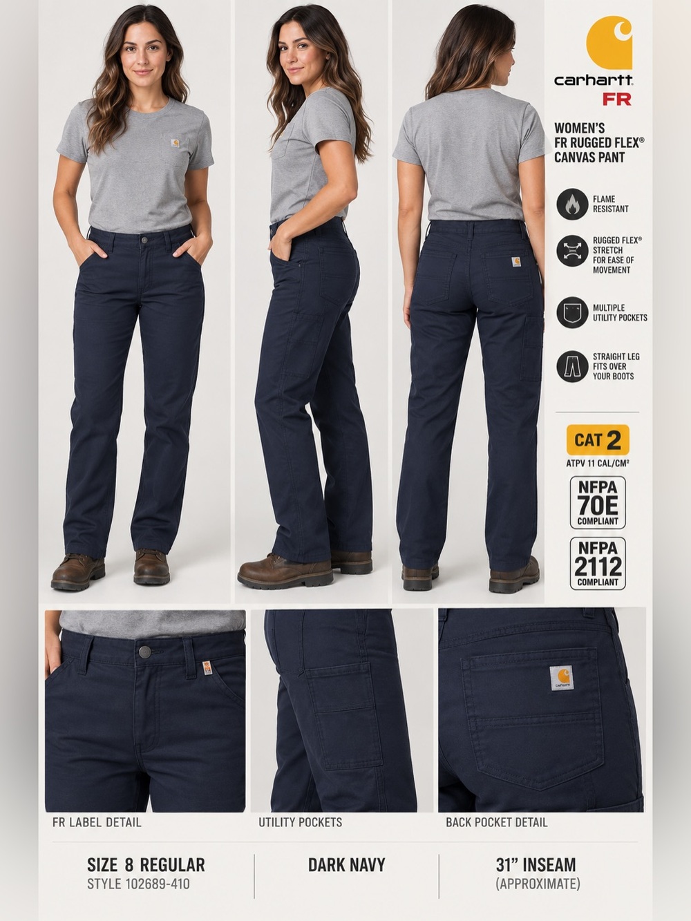 NWT Carhartt Women’s FR Rugged Flex Canvas Work Pants Navy Size 8 Regular 31”